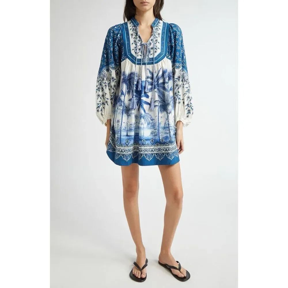 Farm Rio Women Blue White Palm Tree Linen Blend Tie Front Mini Dress Medium NWOT